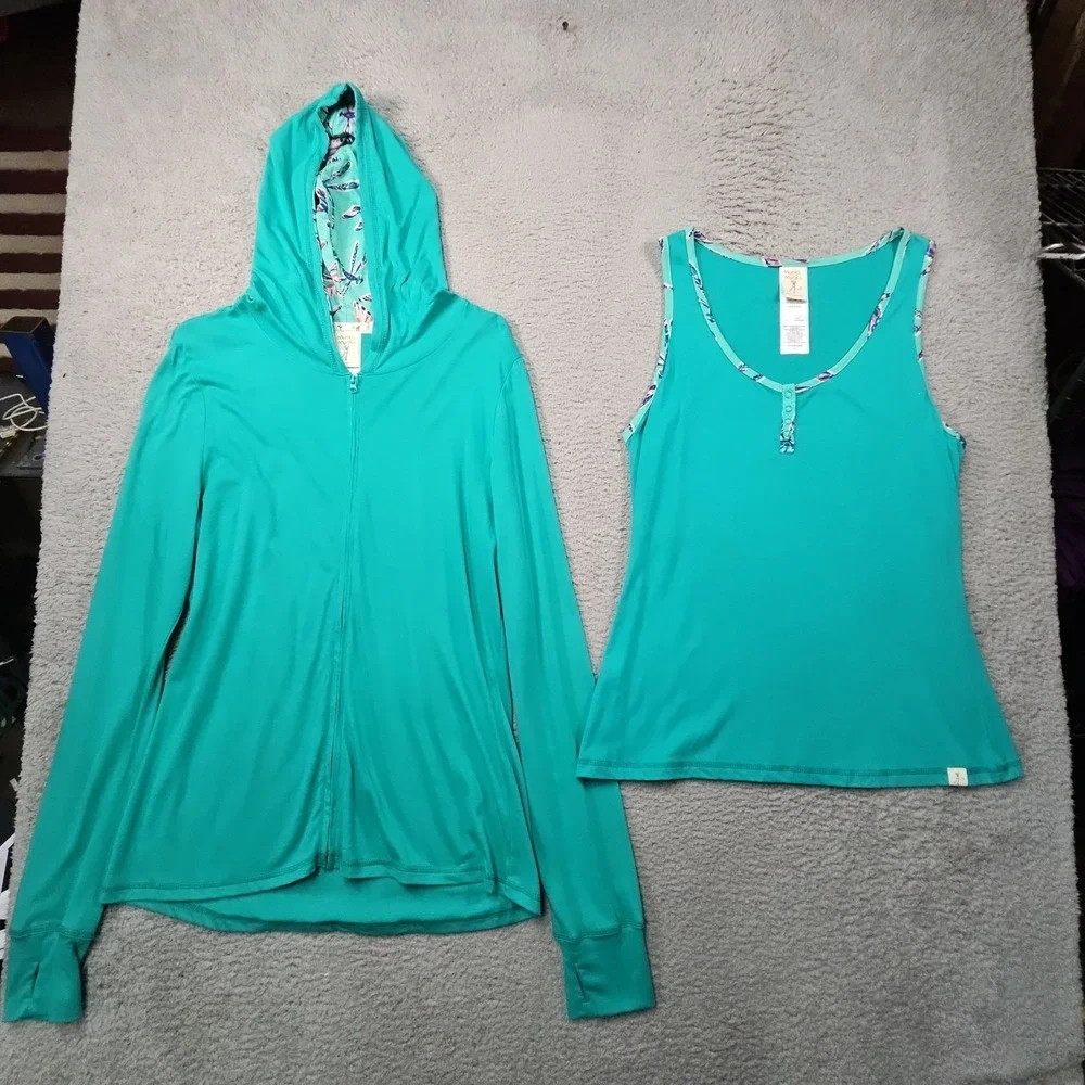Munki Munki Pajama Set Womens XL Green Hoodie with Henley Sleepwear Lounge Top